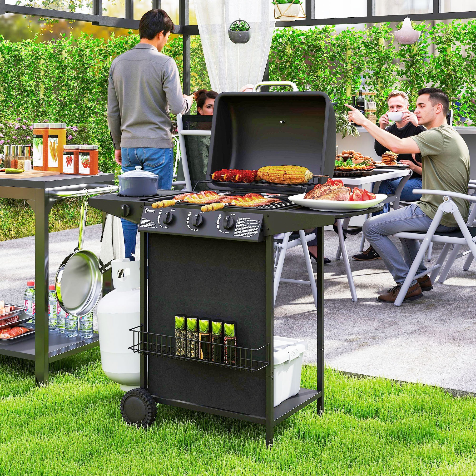 Barbecue a Gas con 4 Bruciatori Indipendenti 108x54x97 cm Coperchio con Termometro Nero