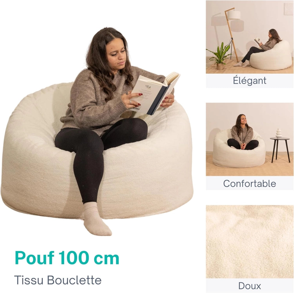 Pouf Poltrona a Sacco - Imbottitura in Schiuma Confortevole - Tessuto Sherpa Morbido - Ottimo Supporto per la Schiena - Pouf Divano Gigante (100 cm, Bianco)