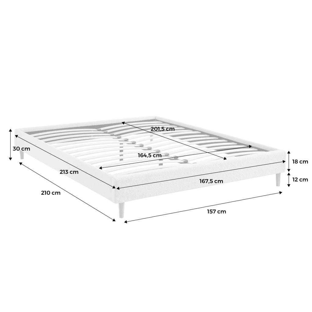 Struttura letto con rete a doghe, finitura bouclé, bianco, bianco