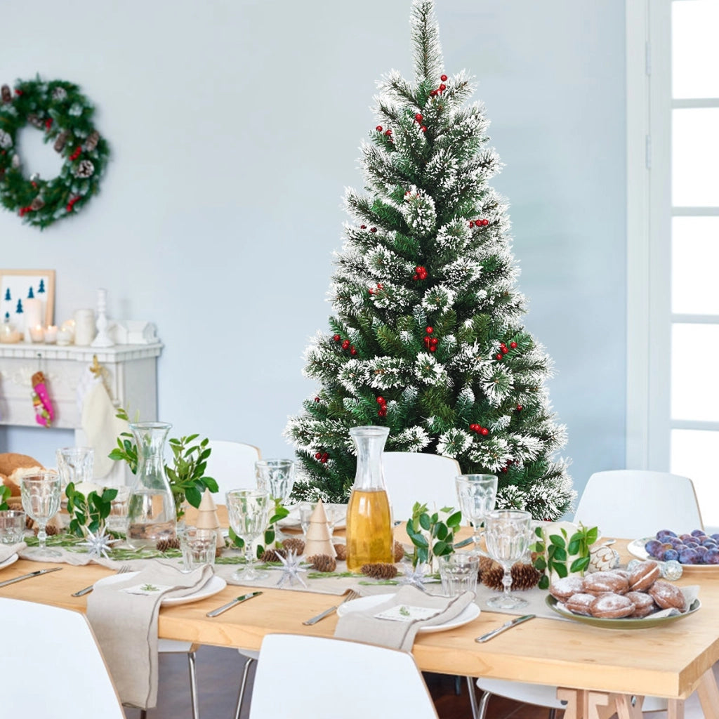 Albero di Natale 180 cm innevato e non illuminato, Abete artificiale con bacche rosse