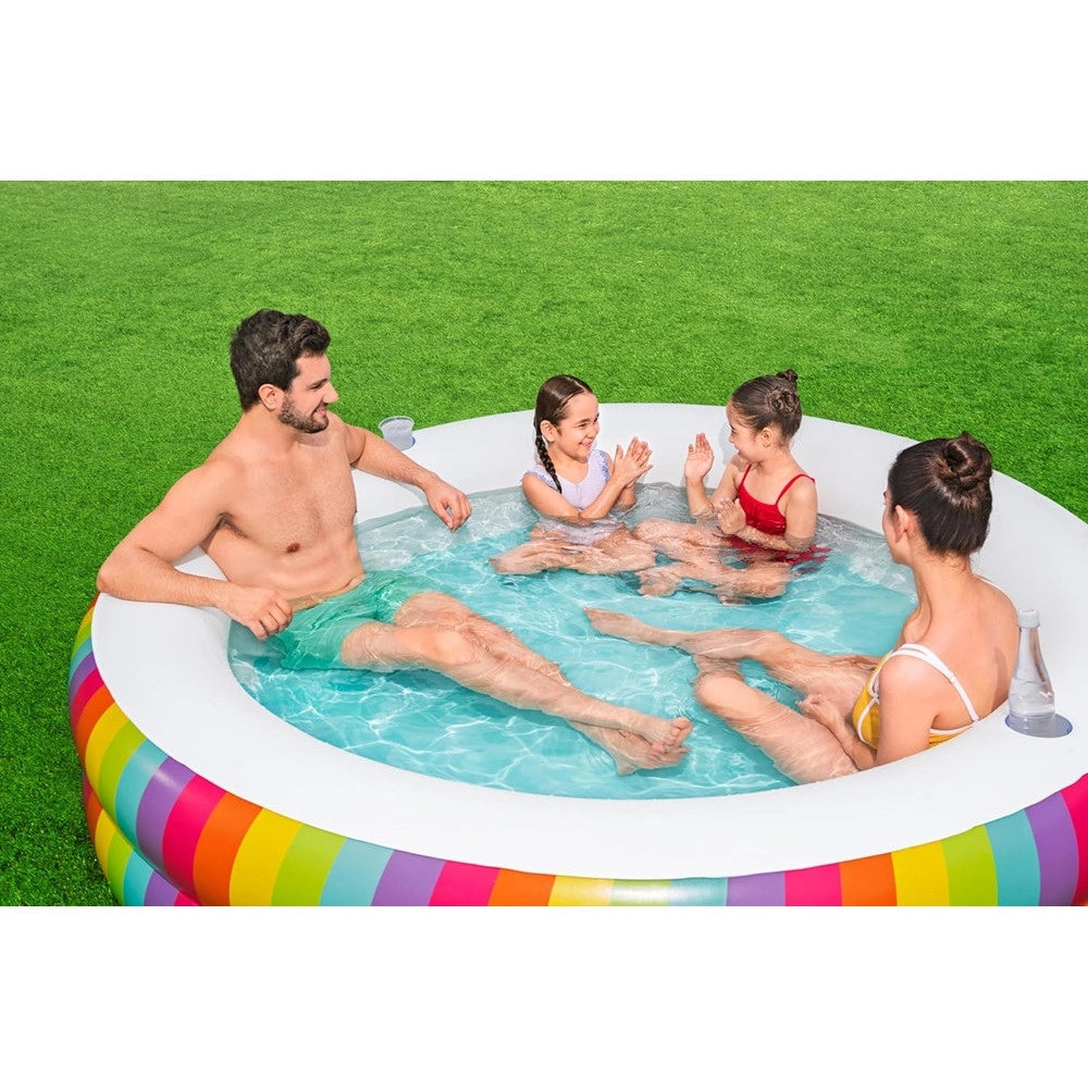 Trade Shop - Piscina Tonda Gonfiabile Family Stampa Arcobaleno 206x206x51cm Con 2 Portabicchieri 54443 -