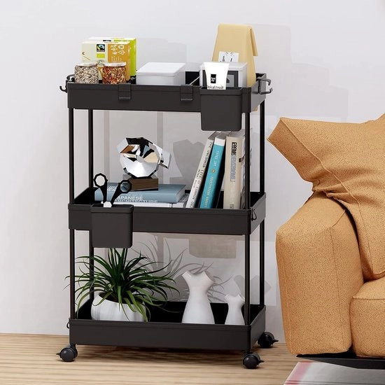Carrello con 3 livelli, contenitore da appendi abiti su ruote per bucato, bagno, carrello da cucina con 6 ganci e 2 contenitori, nero