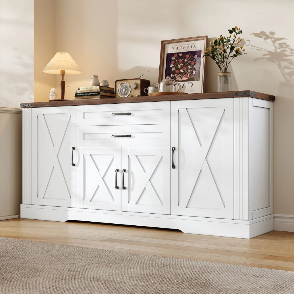 Credenza da sala da pranzo, 4 ante, 2 cassetti, mobile da salotto, mobile contenitore, finitura effetto legno, bianco, 160 x 39 x 81.5 cm