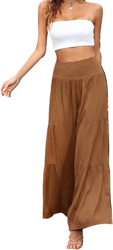 Pantaloni da donna con gambe larghe - Pantalon estivo con vita alta e lungo, colore khaki
