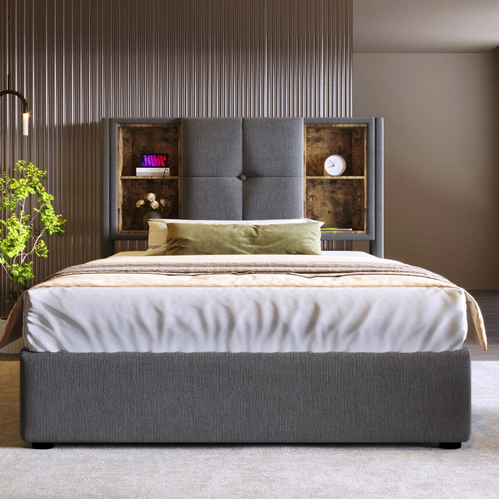LETTO 90x200 cm Imbottito Grigio Cotone con Ricarica Wireless e USB