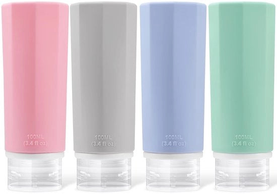 Set di flaconi da viaggio da 4 - 100 ml - Senza residui - Contenitori riutilizzabili - Formato da viaggio - Cosmetici - Liquidi - Set da viaggio