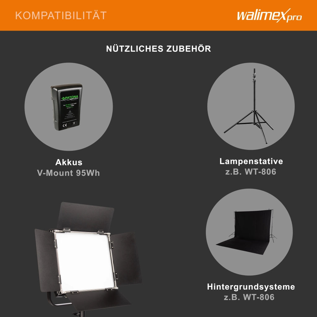LED Rainbow 50W RGBWW Set - composto da 2 luci, alette di schermatura, alimentatore, borsa per il trasporto e lo stoccaggio, 2 treppiedi per lampade con attacco e adattatore, batteria e caricatore