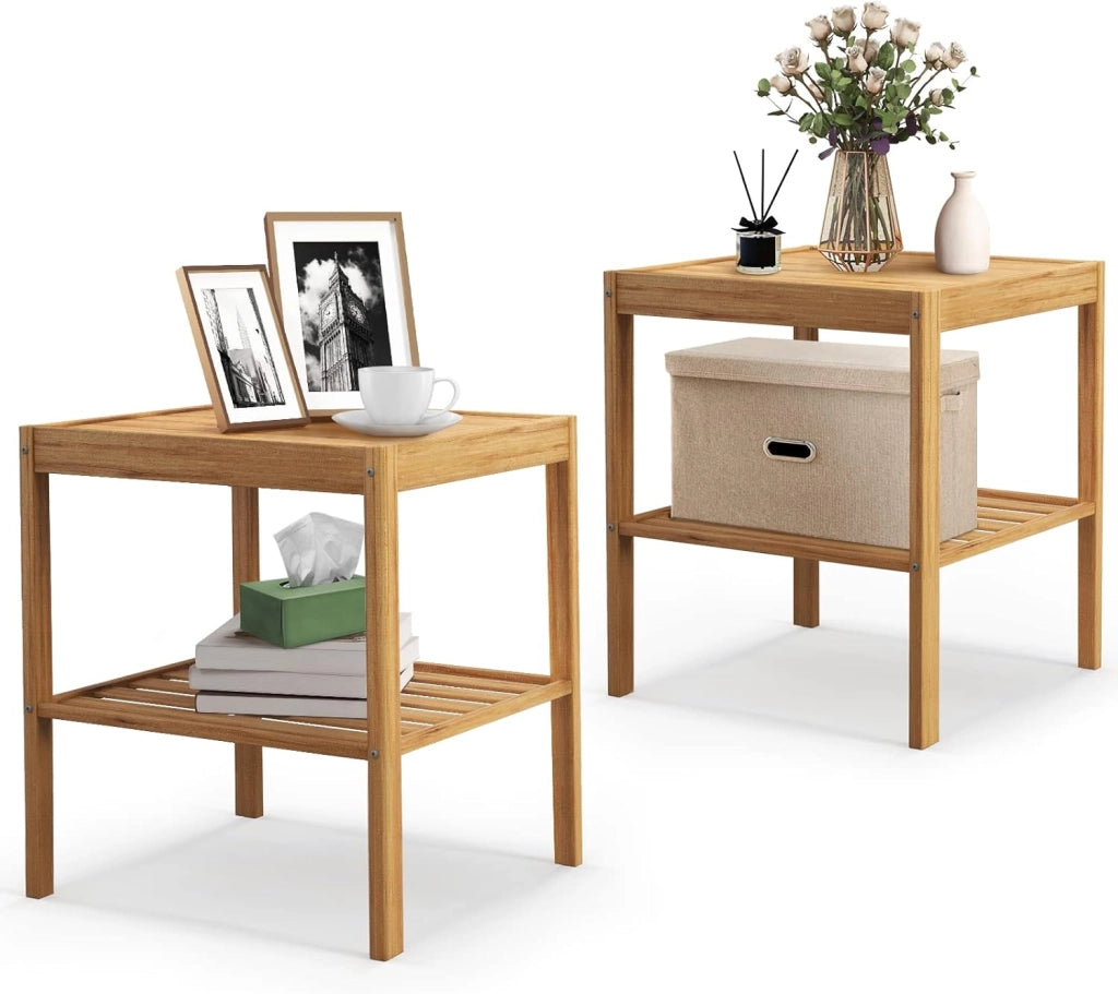 Set di 2 Comodini in Bambù, Comodino Camera da Letto, Tavolo Piccolo per Soggiorno, Ufficio, Cucina, 40x40x45 cm, Naturale