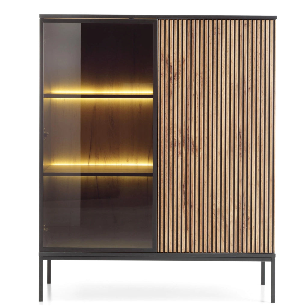 Komodee Laval WT104 - Vetrina con Illuminazione a LED, Rovere Wotan, Nero, Larghezza 104 cm, Altezza 126 cm, Profondit? 39 cm