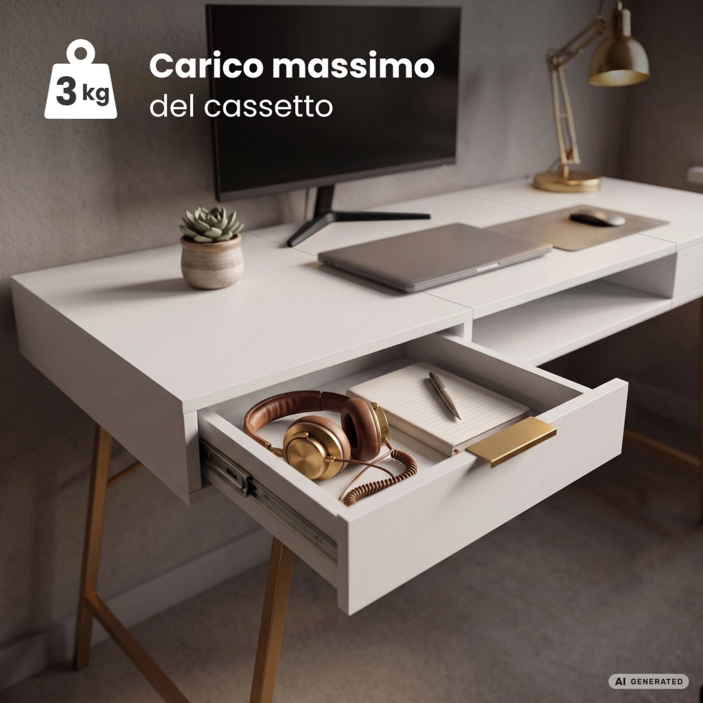 Scrivania industriale per computer Bianca ARDEN 120 cm 2 cassetti 1 ripiano gambe dorate