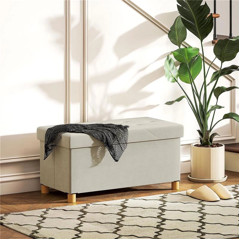 PANCA CONTENITORE PIEGHEVOLE DA 67L, COPERCHIO IMBOTTITO E RIVESTIMENTO VELLUTATO, 76X38X38CM, CREMA