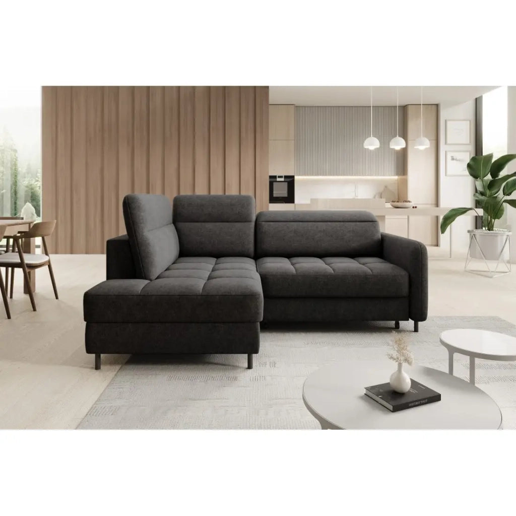 Divano ad angolo sinistro convertibile BARNEA 208 cm grigio scuro con contenitore