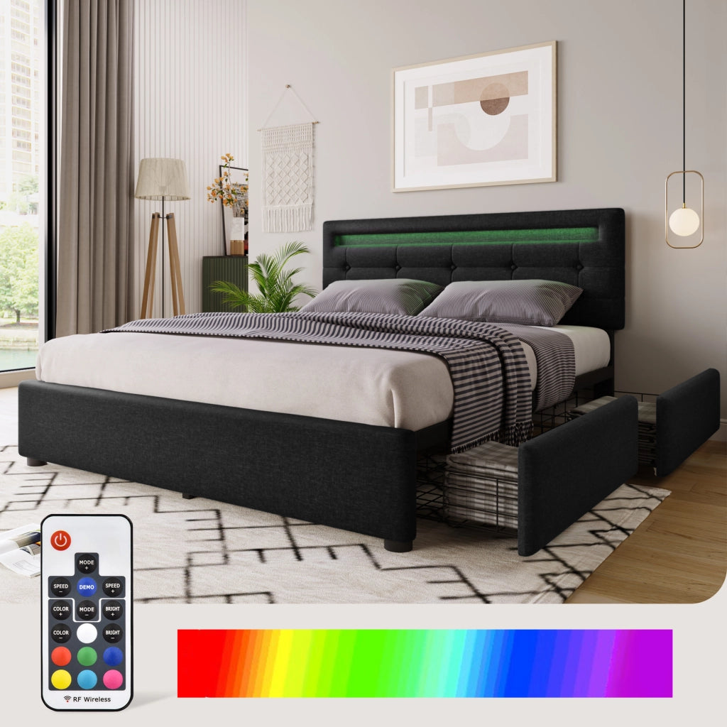 LETTO Contenitore 140x200 cm con LED, 4 cassetti e materasso incluso