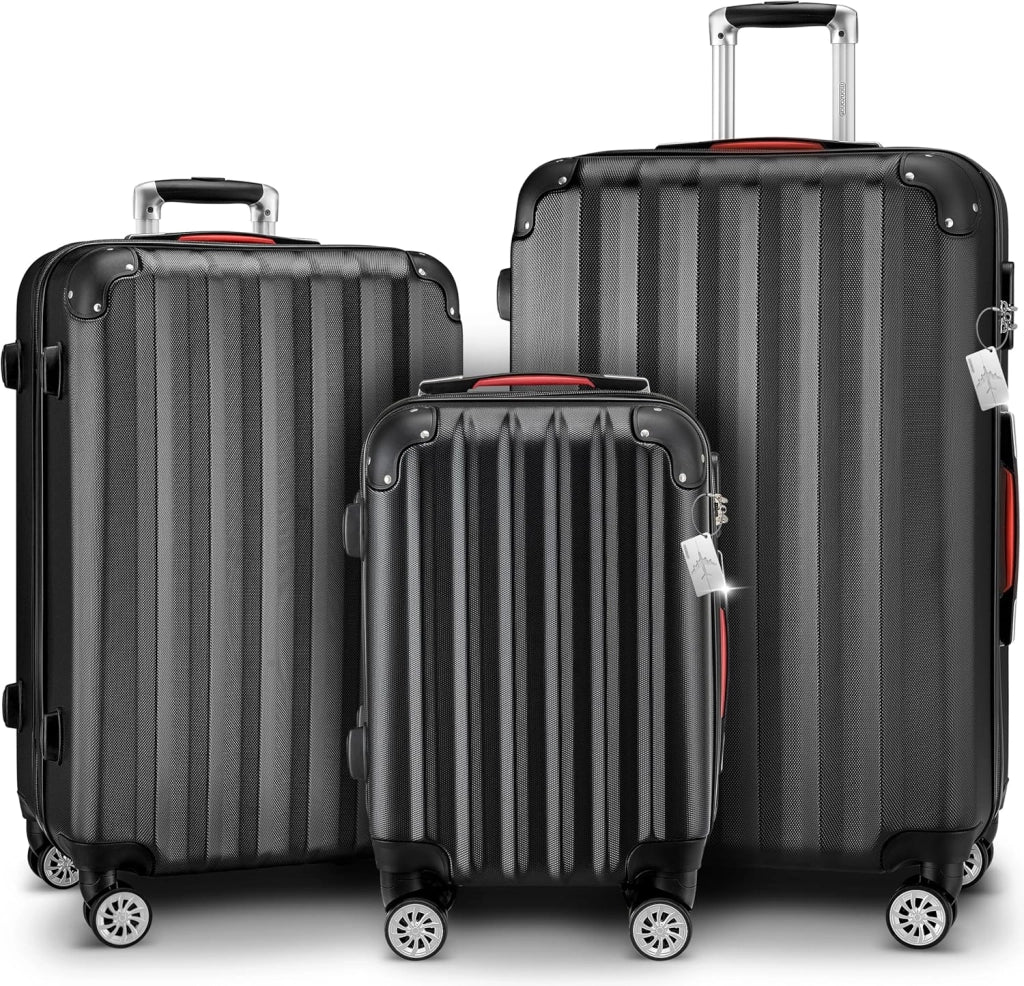 ® Set di Valigie 3 Pezzi con Lucchetto Organizer Cinghia Maniglie Ruote Doppie Piedi Trolley Rigido M-L-XL