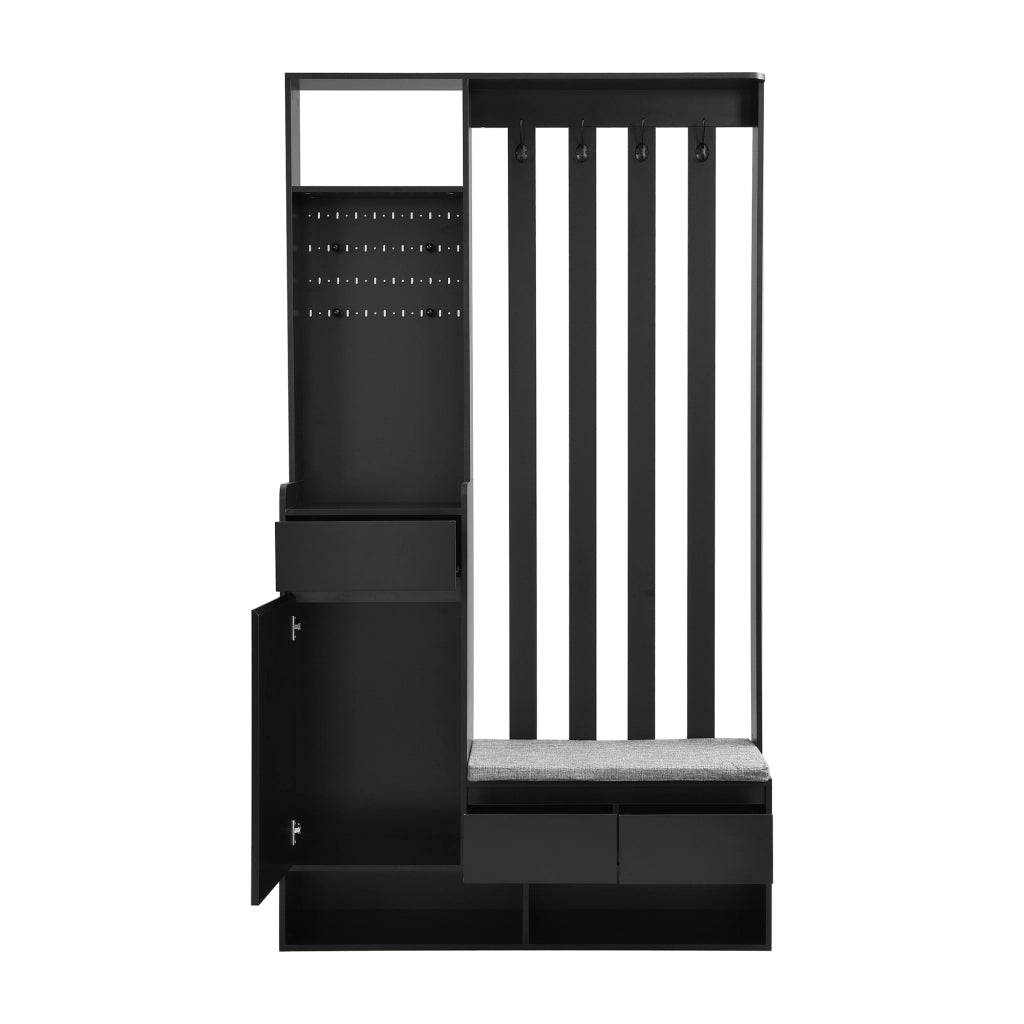 Guardaroba da ingresso multifunzionale con panca imbottita, pannello forato, 4 ganci e vani contenitore, nero, H180 x L100 x P35 cm