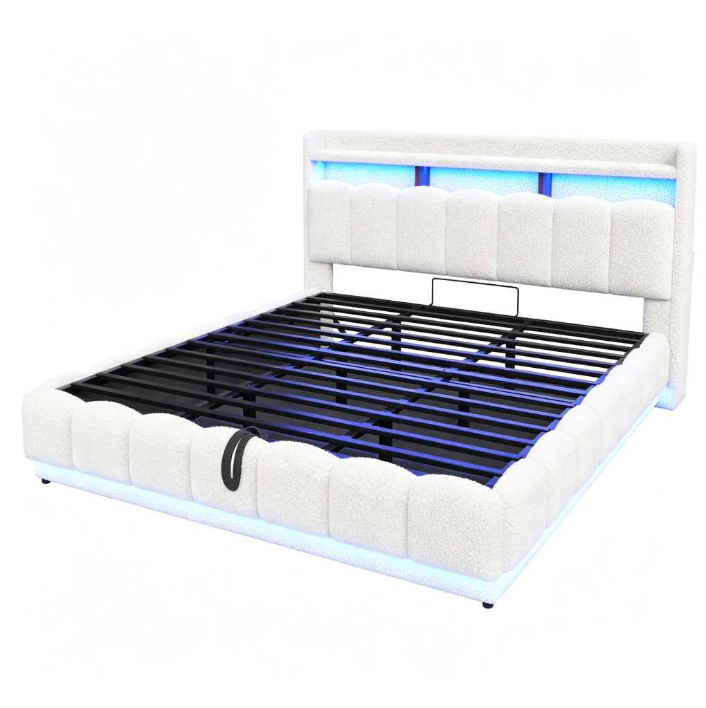 Letto imbottito 180x200 cm con contenitore idraulico; LED e USB; tessuto boucl茅 bianco