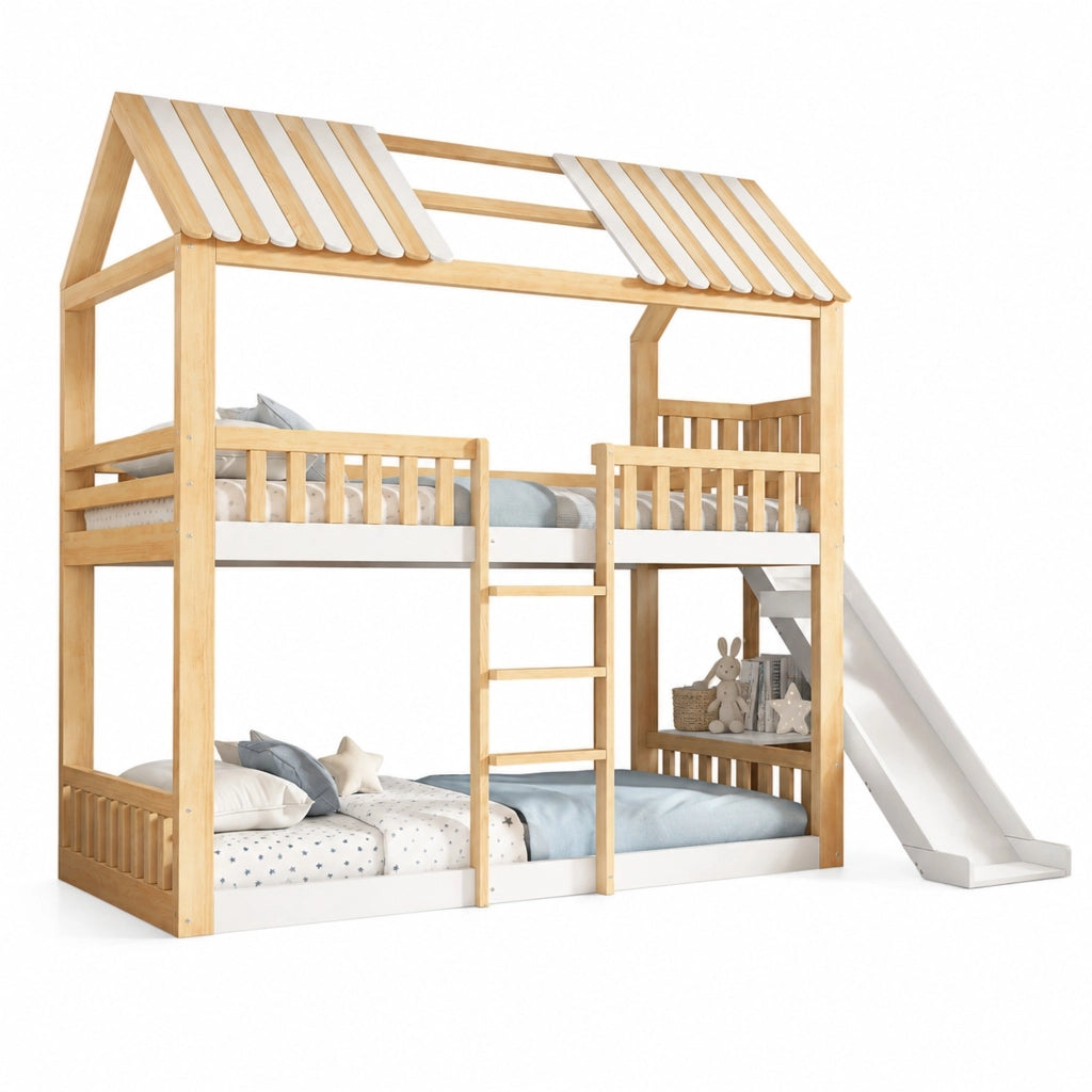Letto a castello per bambini 90x200 cm in legno bianco e naturale con tetto a capanna; scaffale e scivolo