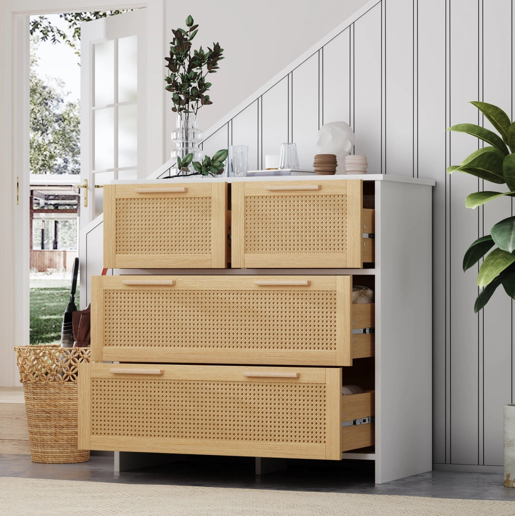 Cassettiera 80x80x38 cm con 4 cassetti in MDF e rattan; naturale e bianco