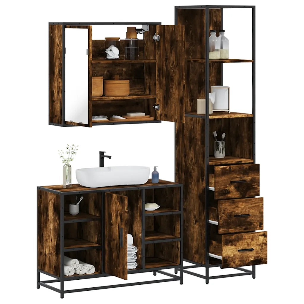 Set Mobili da Bagno 3 pz Rovere Fumo in Legno Multistrato 3301152