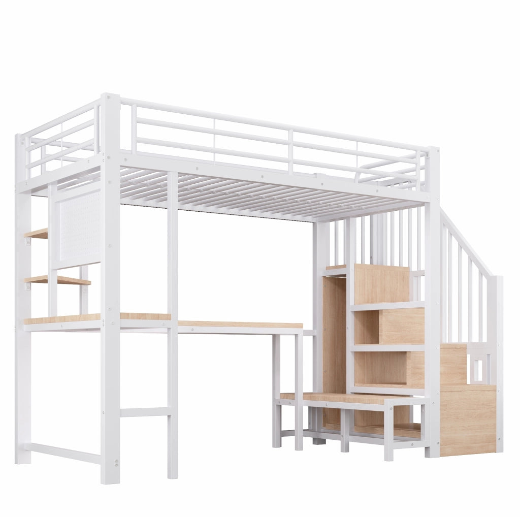 Hochbett 90x200 cm con scrivania; pannello forato; scale con ripiani; LED e porte USB; bianco
