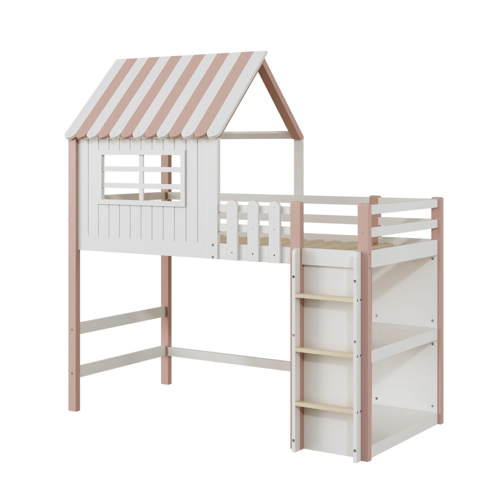 Letto a casetta 90x200 cm con scala di sicurezza e spazio contenitore in legno rosa