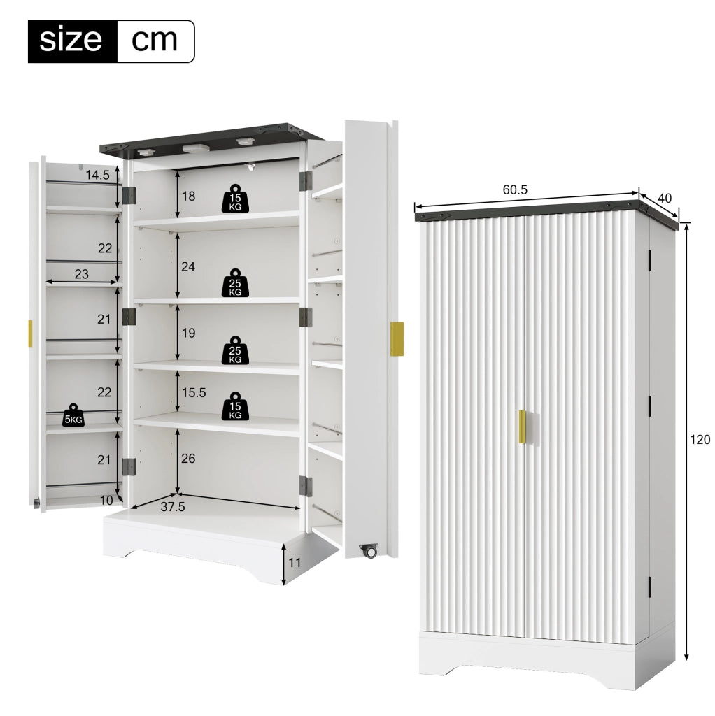 Credenza alta 120x60.5x40 cm con luce LED a sensore; ante scanalate in MDF bianco
