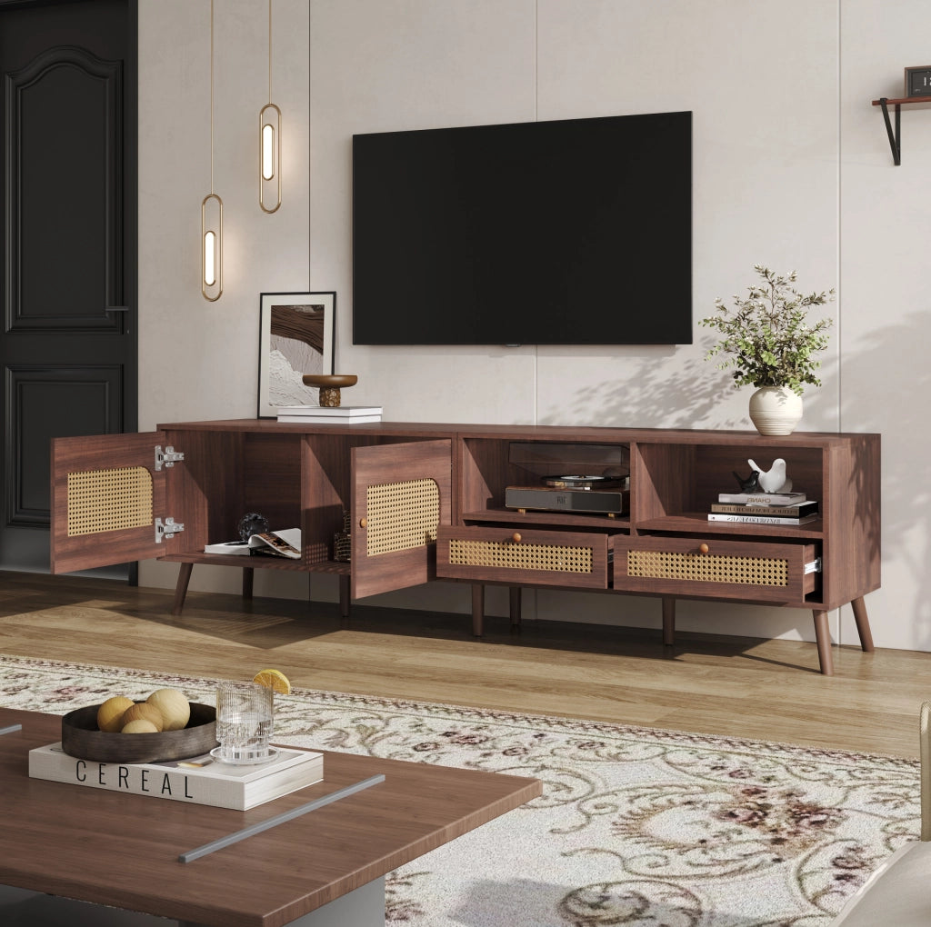 Mobile TV marrone con rattan, 2 ante e 2 cassetti, 200 cm