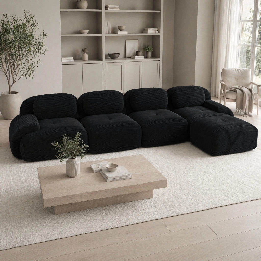 Divano angolare modulare in velluto a coste nero senza montaggio con base antiscivolo 70 × 388 × 178 cm