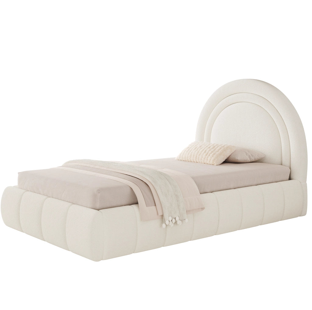 Letto singolo per bambini 90x200 cm con contenitore idraulico; rete a doghe; bouclé beige