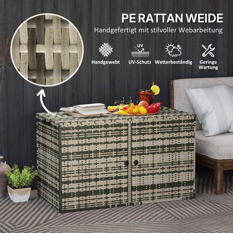 Scatola per cuscini in rattan 350L 2 piani impermeabile con coperchio; barre sollevatrici per il portamento Manici da giardino resistenti ai raggi Cassette da giardino per giardino Cassetta da giardino per balcone patio 118x57x69cm Grigio misto