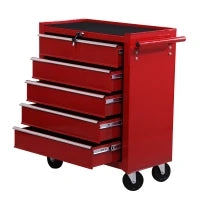 Carrello Porta Utensili con 5 Cassetti, Serratura, 2 Chiavi e Manubrio Parete Smontabile 2 Ruote con Freno in Lamiera d'Acciaio EVA Rosso 67,5x33x77cm