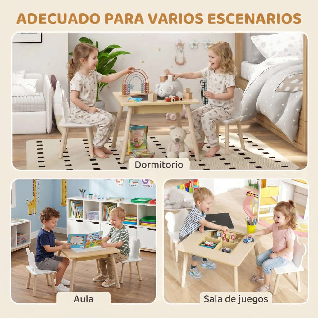 Tavolo da pranzo con 2 sedie per bambini in legno ¨C Minimal ¨C 60x60x44 cm bianco e naturale