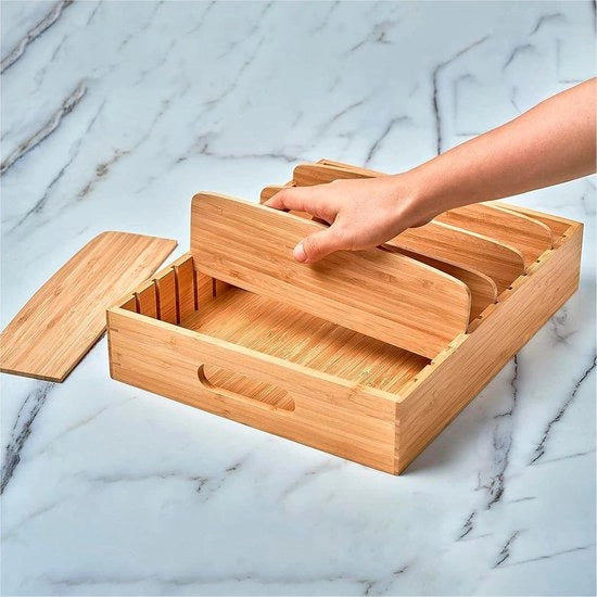 Organizzatore per coperchi cassetti cucina in bambù - scatola di stoccaggio con distributore regolabile - coltelli piatti accessori cucina