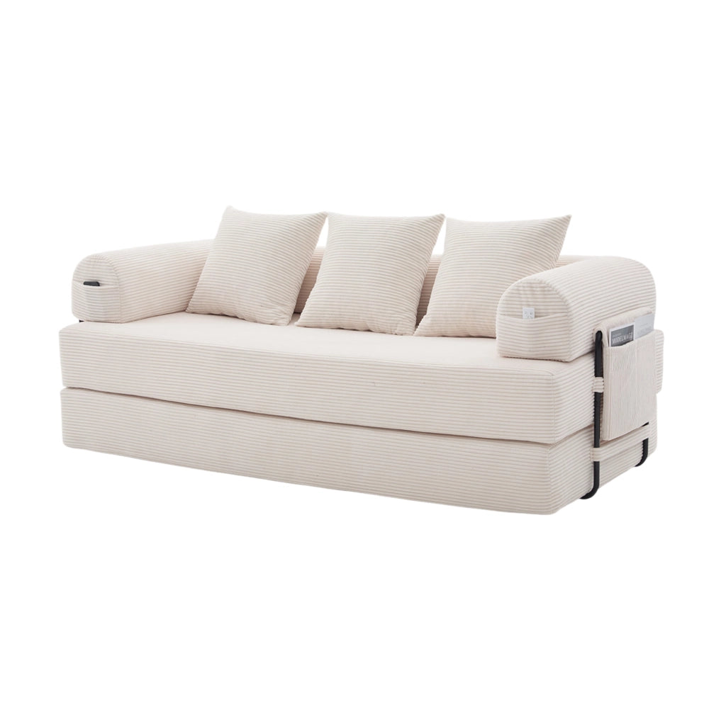 Divano modulare in velluto a coste beige con 3 cuscini; tasca laterale; 200x94x67 cm