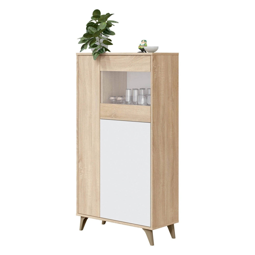 Vetrina Altavista, Vetrinetta moderna a 3 ante, Credenza da soggiorno o salotto, Madia alta con ripiani, cm 77x33h142, Rovere e Bianco