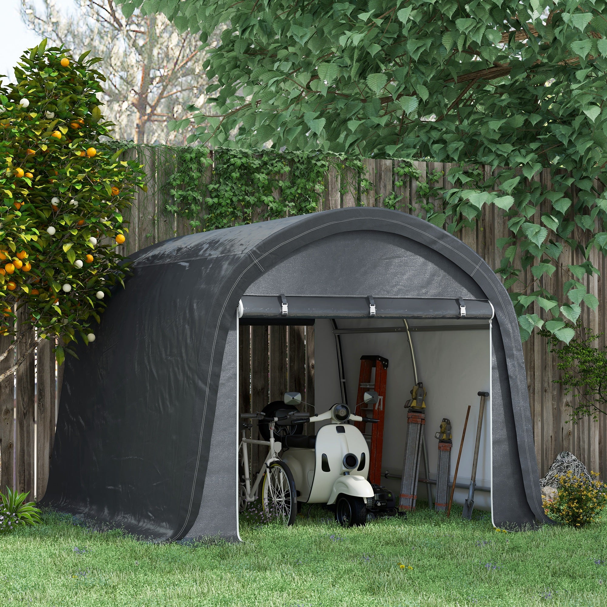 Tendone da Giardino per Moto Bici e Attrezzi 300x300x235 cm con 2 Ingressi a Zip in Acciaio e PE Grigio