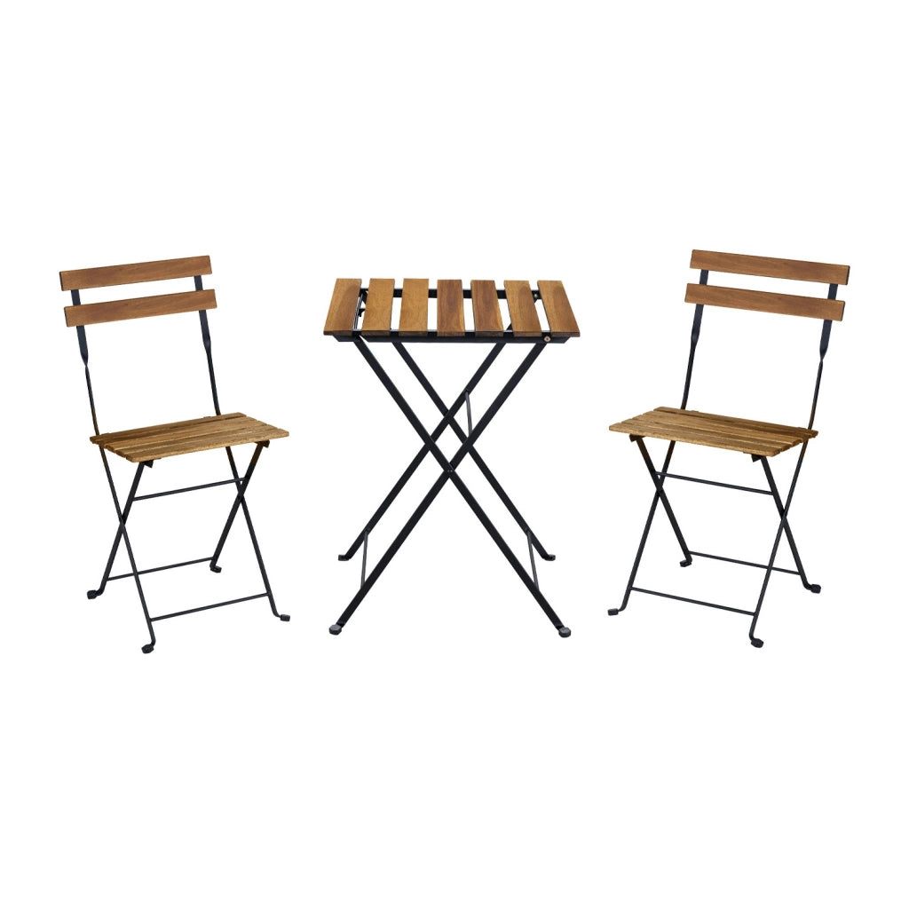 Set tavolo da giardino in legno e metallo con 2 sedie pieghevoli, nero