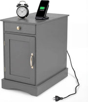 Comodino Camera da Letto, Tavolino Laterale da Divano con Cassetto, Vassoio Rimovibile, Stazione di Ricarica Nascosta e Ripiano Regolabile, Mobiletto Salvaspazio per Soggiorno (Grigio)