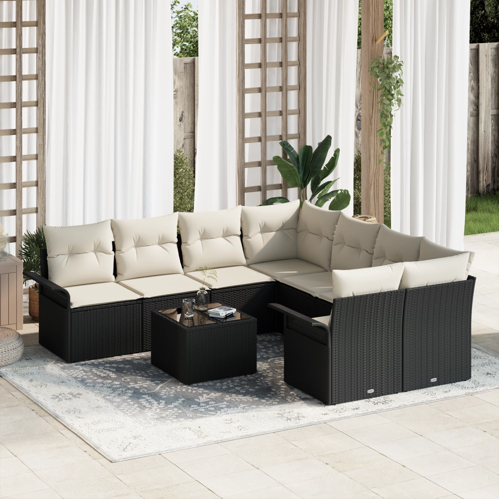 Set Divani da Giardino 9 Pezzi con Cuscini Nero Polyrattan