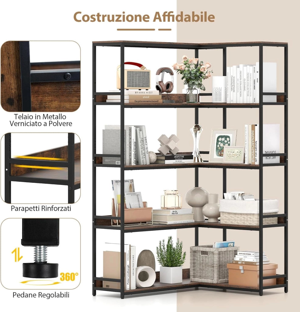 Libreria ad Angolo 180 cm, Libreria a 5 Ripiani a Forma di L con Struttura in Metallo, Scaffale Espositivo Aperto Industriale per Soggiorno Studio Ufficio e Casa, 110 x 89 x 180 cm