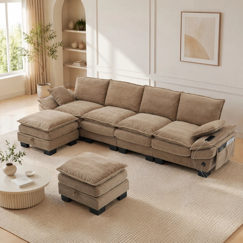 Divano Modulare 4 Posti in Corduroy con USB-C, Tasche Laterali e Pouf, Khaki, 330 × 132 × 84 cm