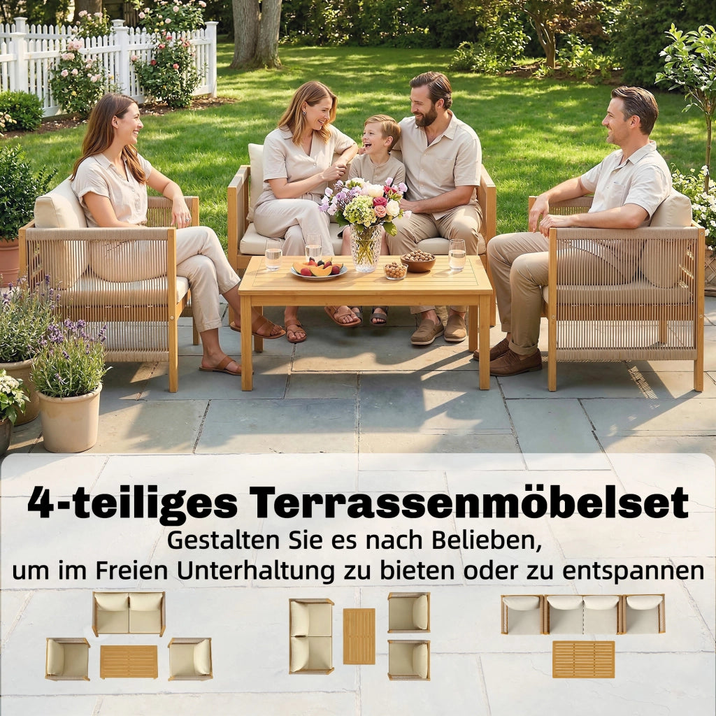 Set da giardino in legno con divano 2 posti 2 poltrone e tavolo ¨C zephmum ¨C cuscini lavabili