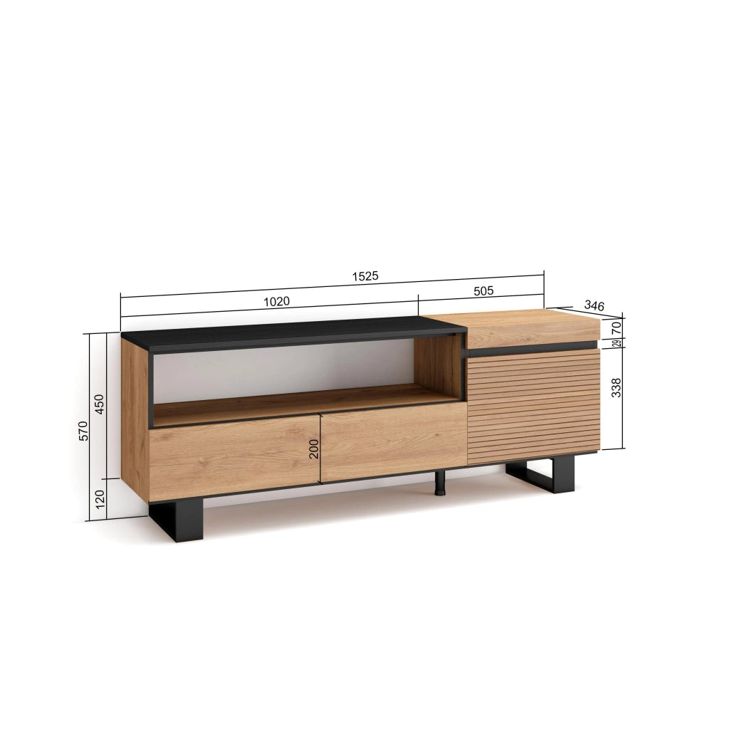 Mobile TV Soggiorno, 150x35x57cm, Per TV fino a 65", Design industriale, colore Rovere RF3296
