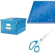 Set di archiviazione con cassetto A4 con coperchio medio + quaderno A5 con copertina rigida + forbice di alta qualità in titanio, scatola di trasporto in cartone di carta riciclata del 85%, blu, 60440036 + 46281036 + 53192036