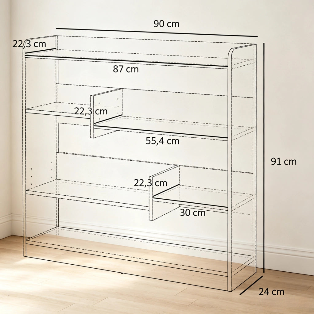 Libreria bianca a 4 livelli 90 x 24 x 91 cm