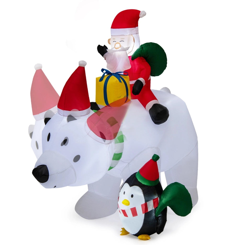 Orso polare gonfiabile illuminato alto 210cm, Babbo Natale gonfiabile che cavalca orso con pinguino sacchetti regalo-Gonfiabili natalizi