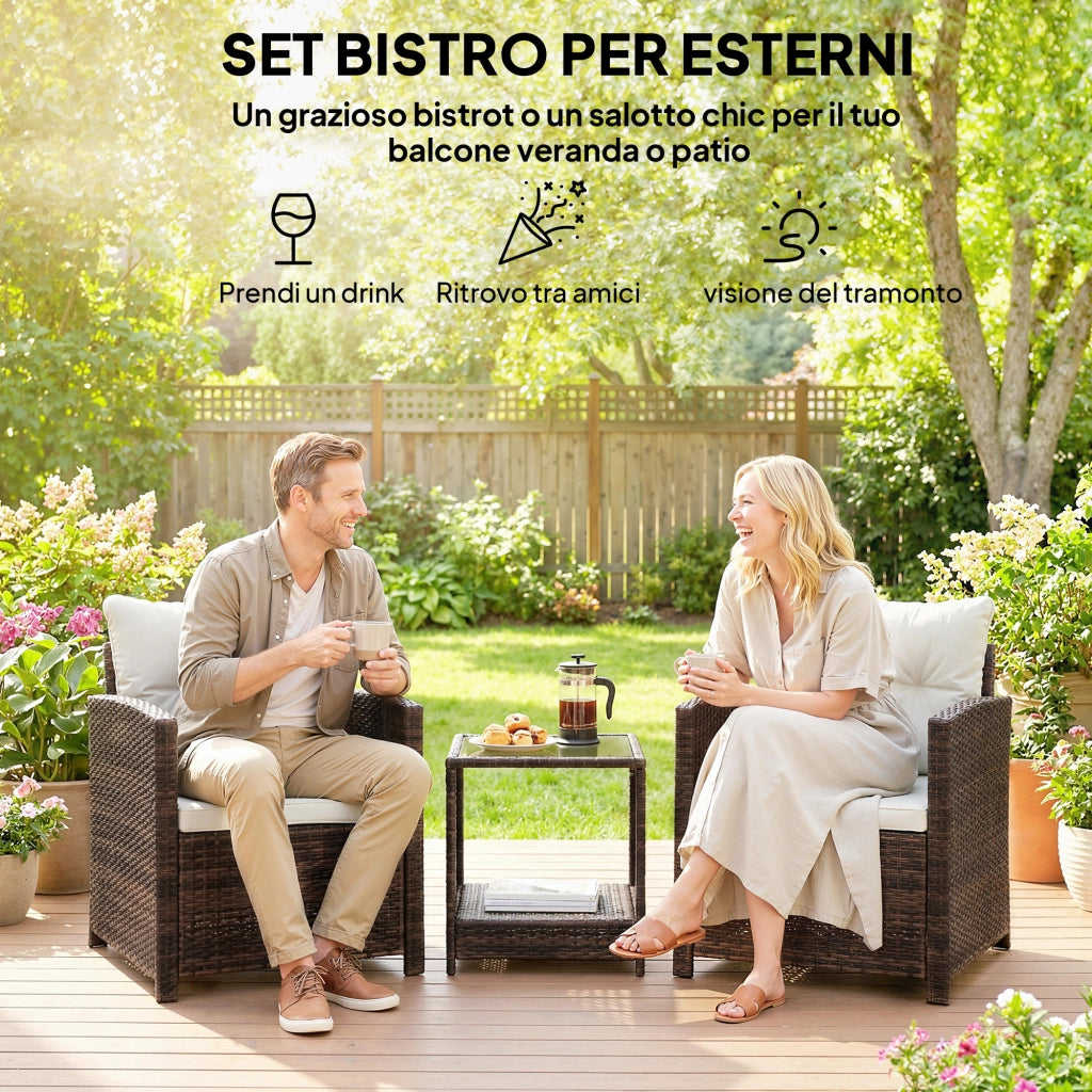 Set da Giardino 3pz in Rattan PE e Acciaio con 2 Poltrone con Cuscini e Tavolino da Caff¨¨, Marrone e Crema