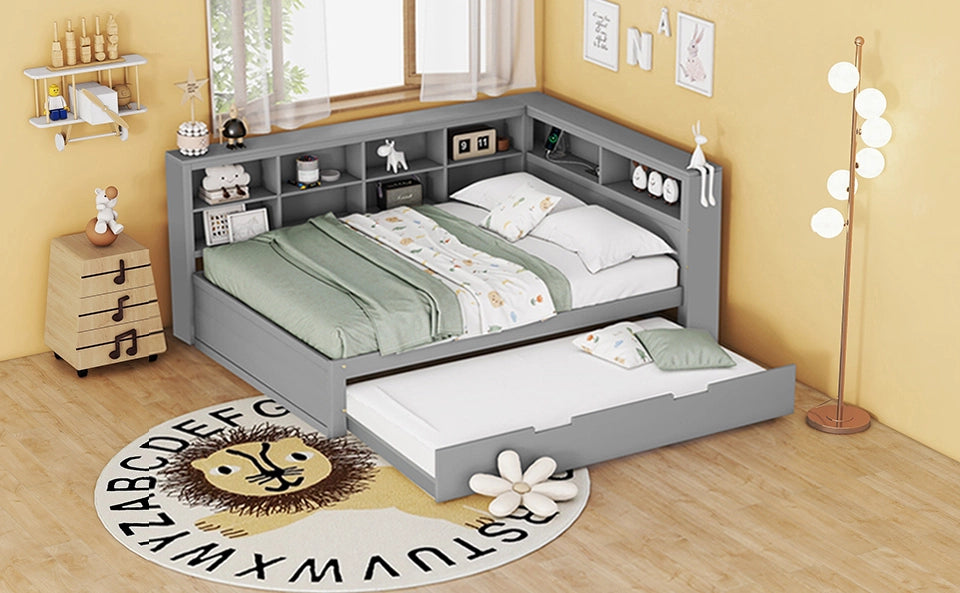 Letto 140x200 cm con USB e vani portaoggetti in legno grigio