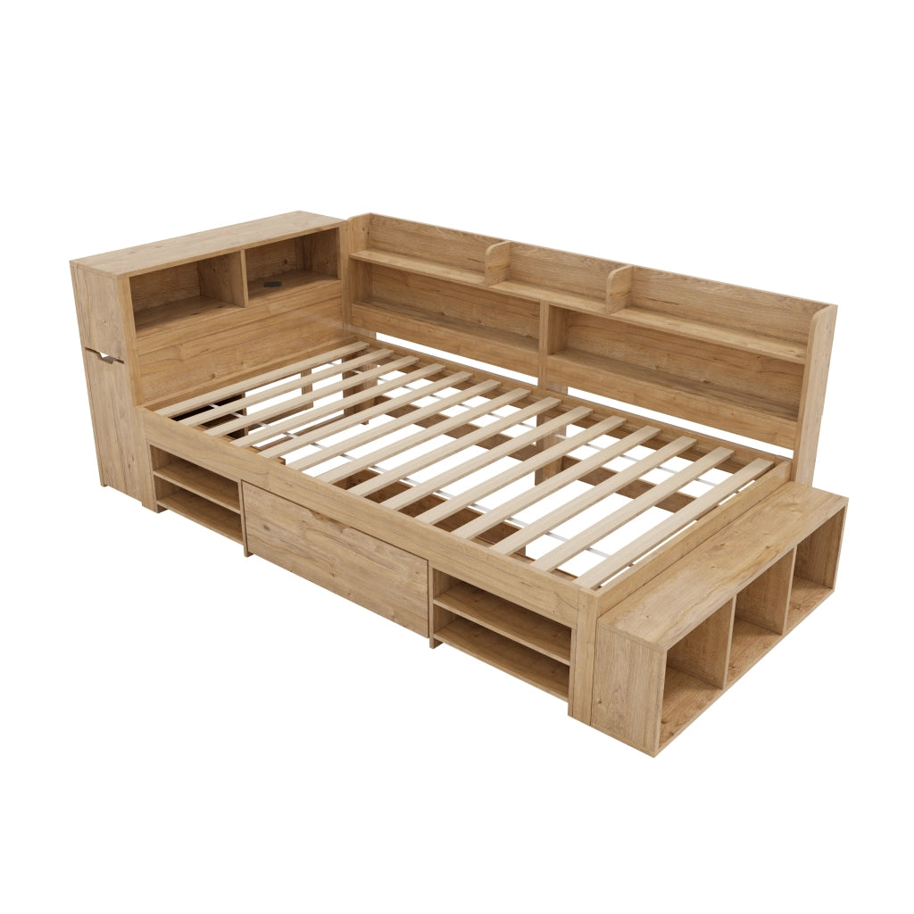 Letto bambini con contenitore 90x200 cm in legno naturale, con libreria e cassetti, senza materasso