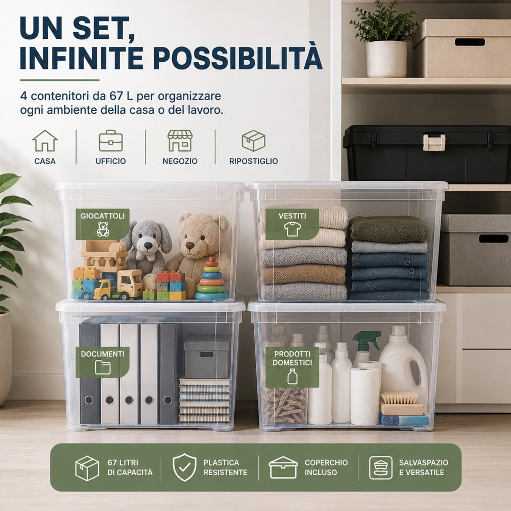 Set 4 Pezzi Contenitori con Coperchio 57x39x42 cm Storage Box Marea Capienza 67L in Plastica Trasparente